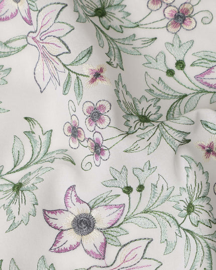 White Floral Vine Embroidered Cotton Voile Fabric Pink and Green Botanical Flower Embroidery Soft Lightweight Breathable Dressmaking Sewing Fabric 110 Cms Width Made In India-D28411