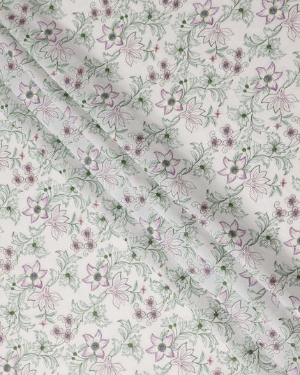 White Floral Vine Embroidered Cotton Voile Fabric Pink and Green Botanical Flower Embroidery Soft Lightweight Breathable Dressmaking Sewing Fabric 110 Cms Width Made In India-D28411