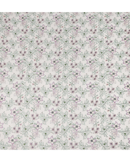 White Floral Vine Embroidered Cotton Voile Fabric Pink and Green Botanical Flower Embroidery Soft Lightweight Breathable Dressmaking Sewing Fabric 110 Cms Width Made In India-D28411