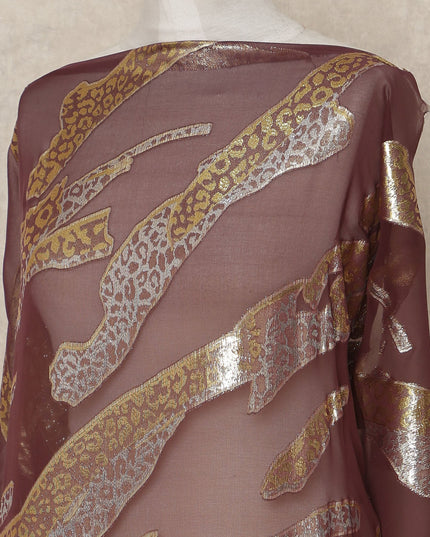 Brown Abstract Silk Chiffon Dirac With Metallic Lurex