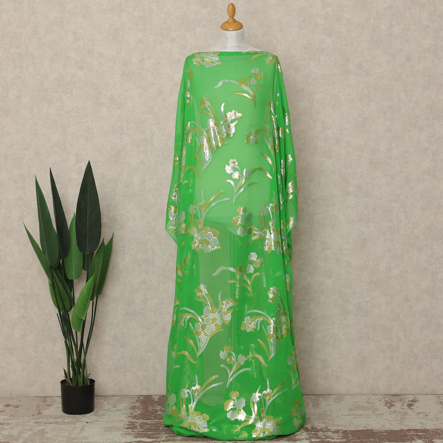 Green Floral Silk Chiffon Dirac With Metallic Lurex
