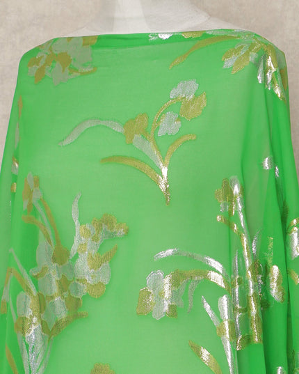 Green Floral Silk Chiffon Dirac With Metallic Lurex