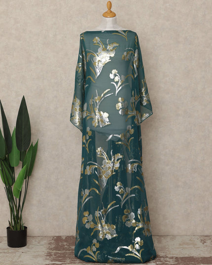 Teal Green Floral Silk Chiffon Dirac With Metallic Lurex