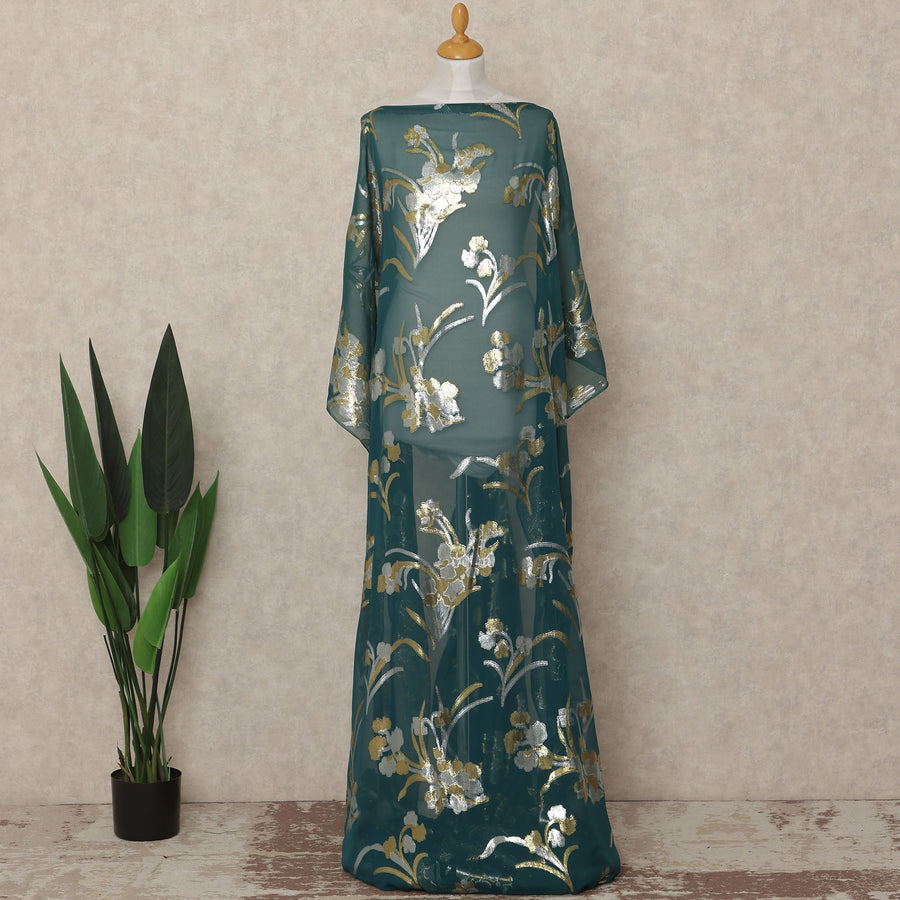 Teal Green Floral Silk Chiffon Dirac With Metallic Lurex