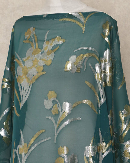 Teal Green Floral Silk Chiffon Dirac With Metallic Lurex
