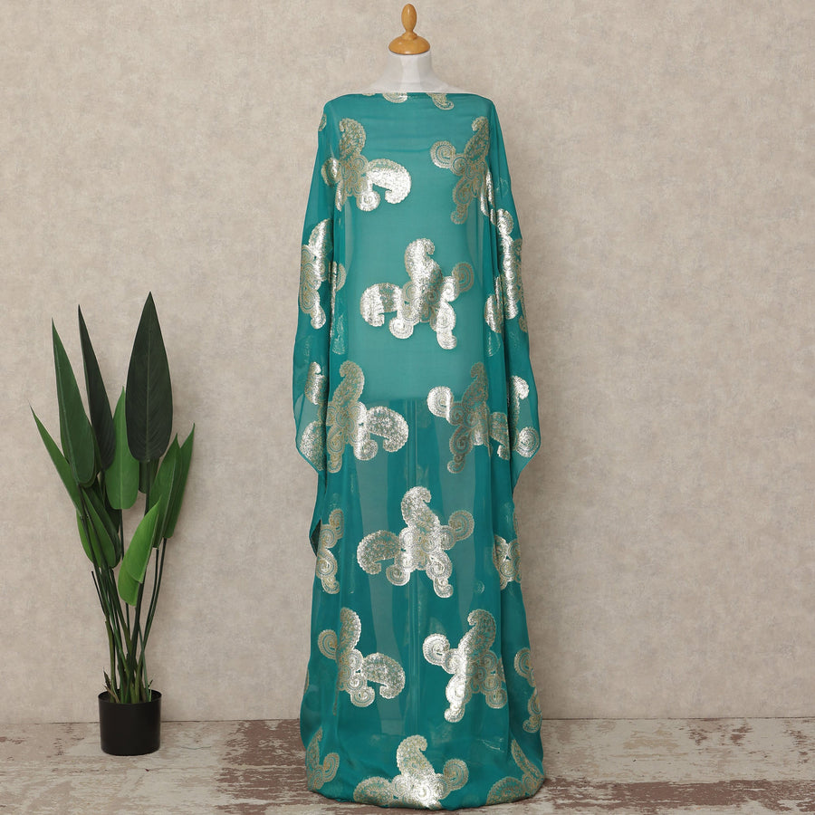Teal Paisley Silk Chiffon Dirac With Metallic Lurex