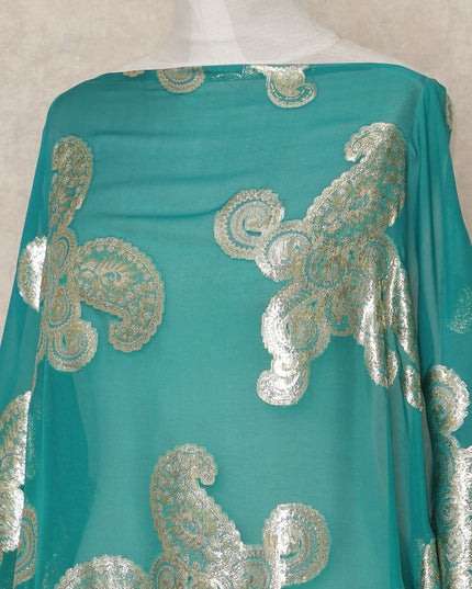 Teal Paisley Silk Chiffon Dirac With Metallic Lurex