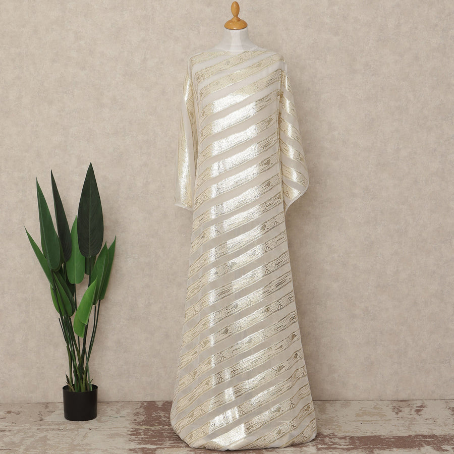White Silver Stripe Silk Chiffon Dirac With Metallic Lurex