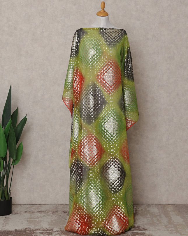 Green Geometric Silk Chiffon Dirac 3.5 Meter Piece