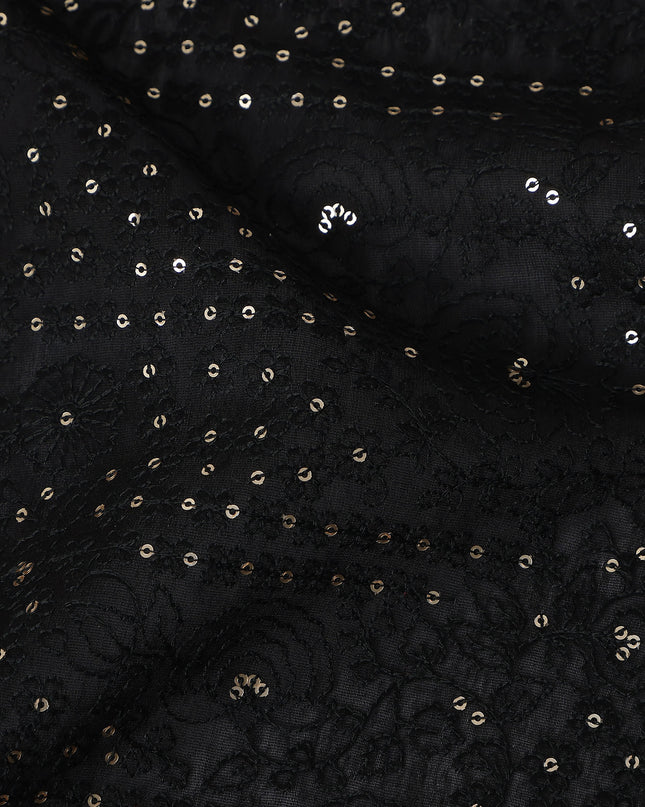 Black Dot Embroidered Tussar Silk Fabric 110cm India
