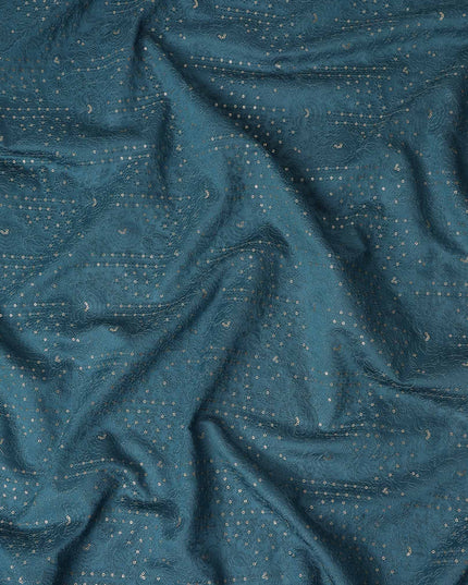 Teal Blue Dot Embroidered Tussar Silk Fabric 110cm