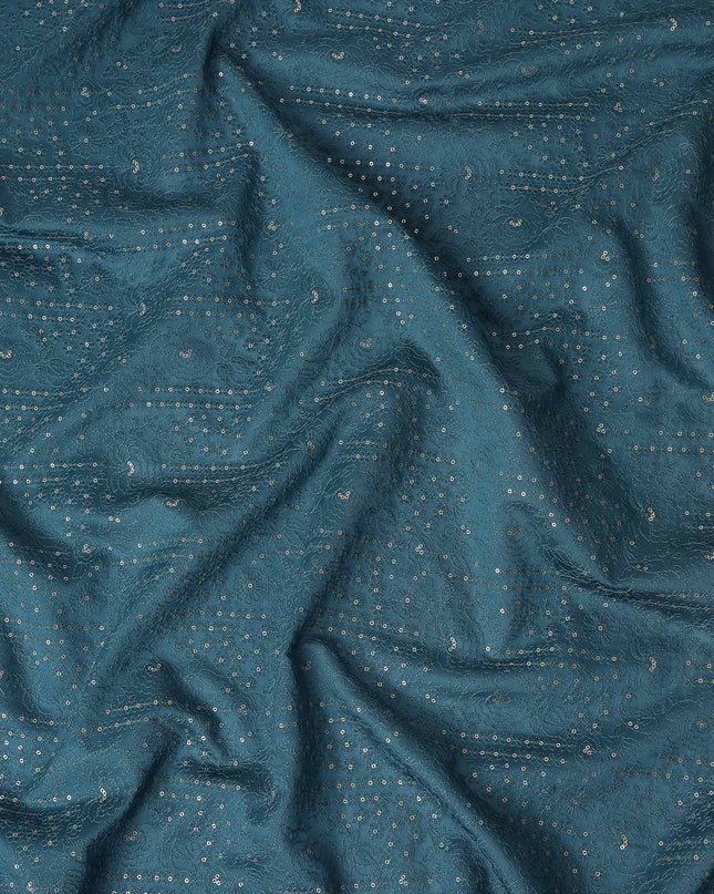Teal Blue Dot Embroidered Tussar Silk Fabric 110cm