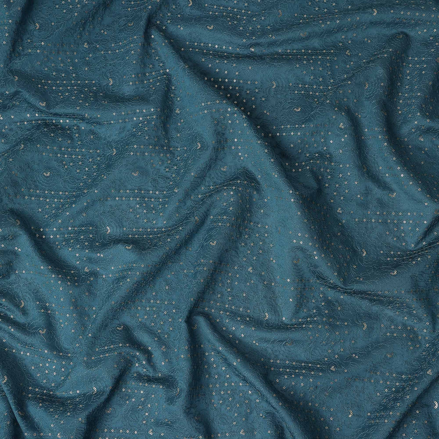 Teal Blue Dot Embroidered Tussar Silk Fabric 110cm