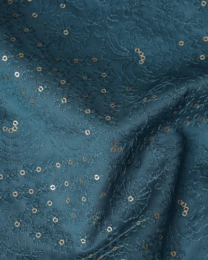 Teal Blue Dot Embroidered Tussar Silk Fabric 110cm