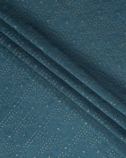 Teal Blue Dot Embroidered Tussar Silk Fabric 110cm