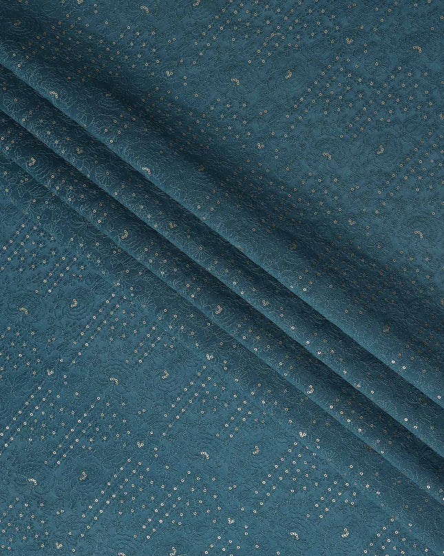Teal Blue Dot Embroidered Tussar Silk Fabric 110cm