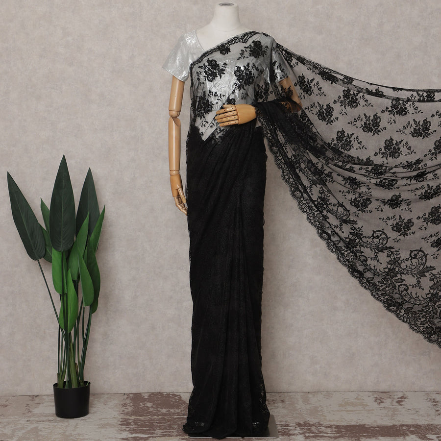 Onyx Black French Chantilly Lace Saree