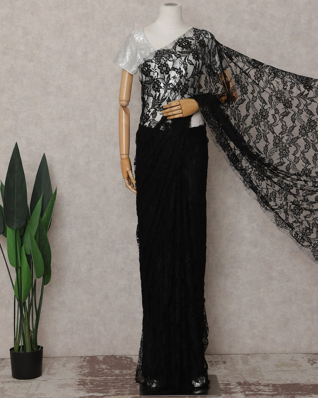 Jet Black French Chantilly Lace Saree