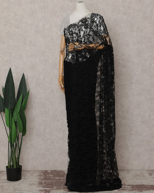 Jet Black French Chantilly Lace Saree