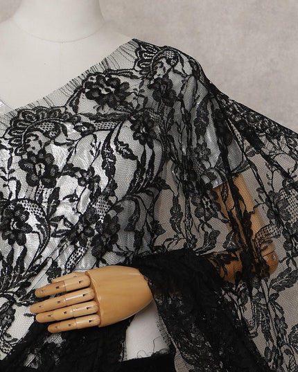 Jet Black French Chantilly Lace Saree