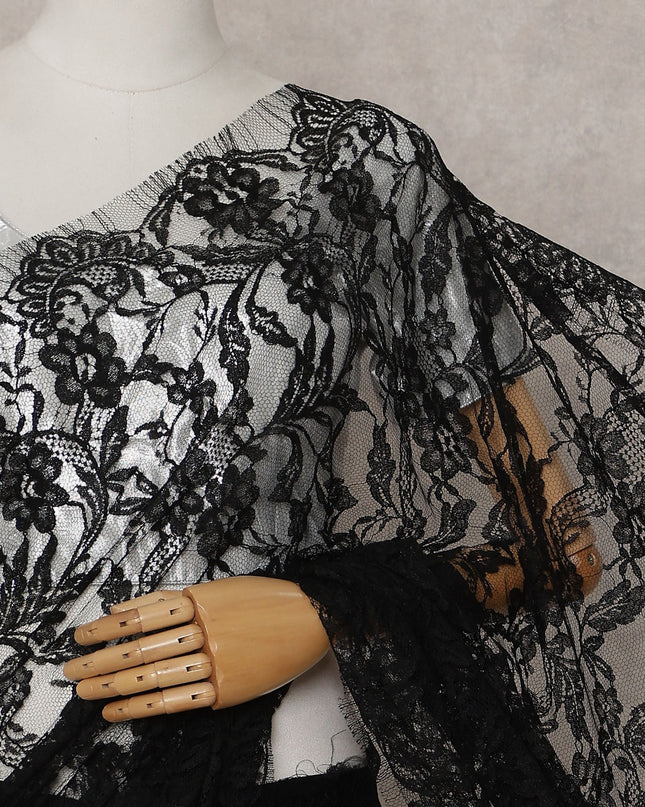 Jet Black French Chantilly Lace Saree