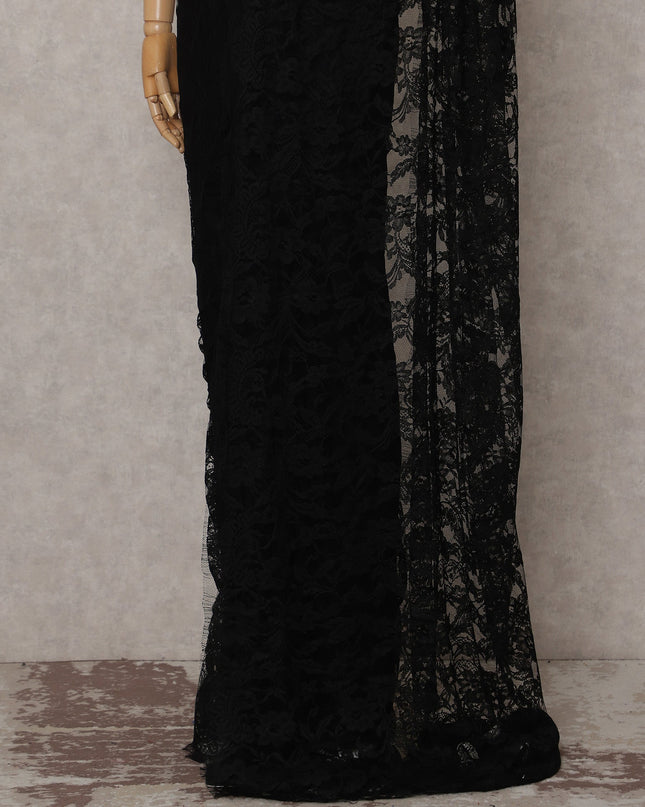 Jet Black French Chantilly Lace Saree