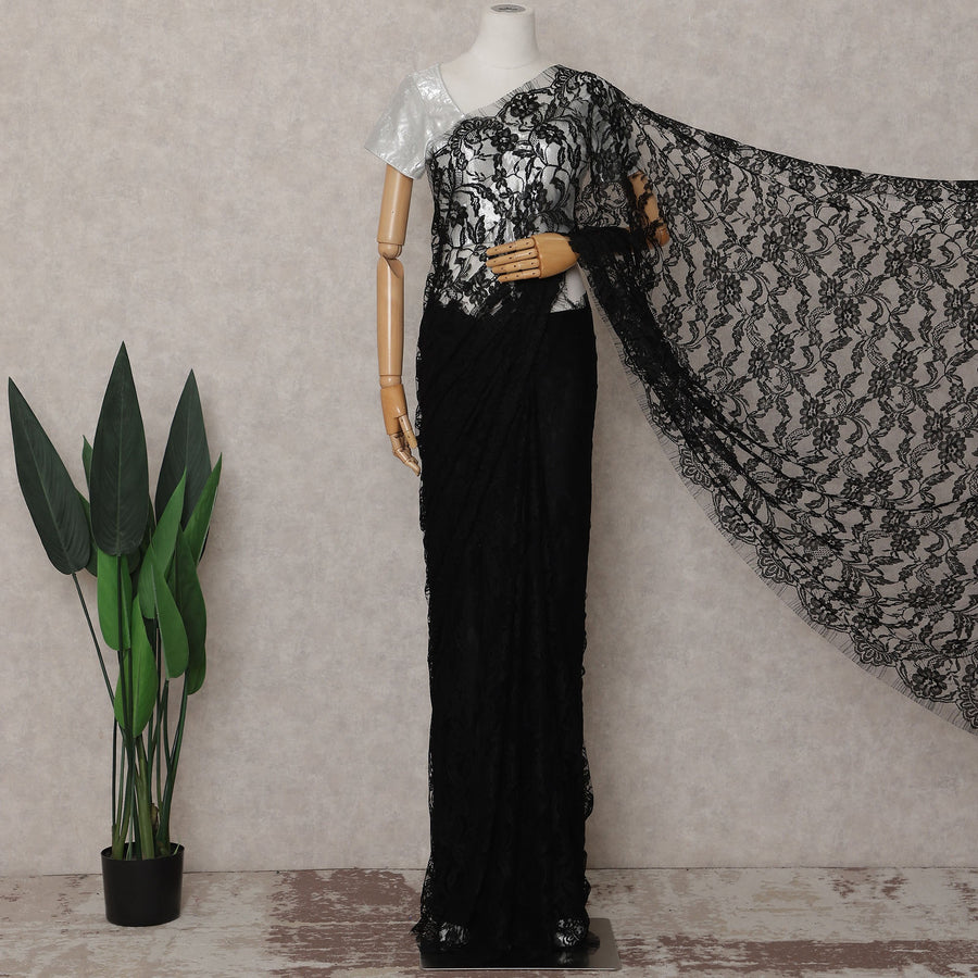 Raven Black French Chantilly Lace Saree