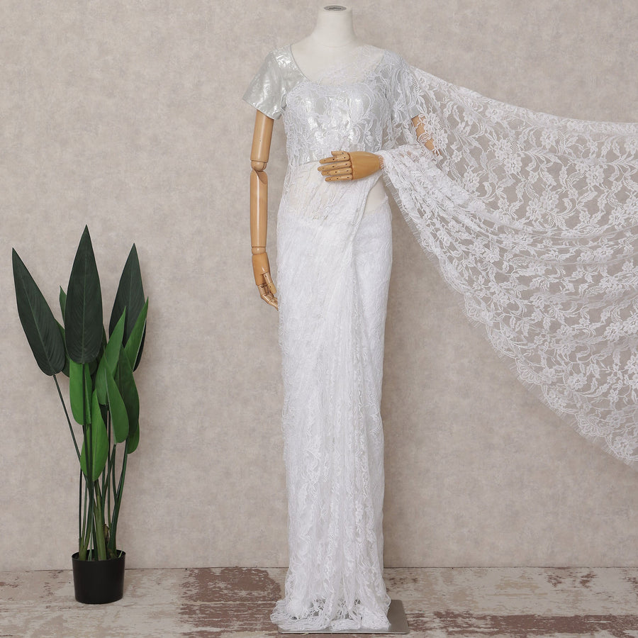 Ivory White French Chantilly Lace Saree