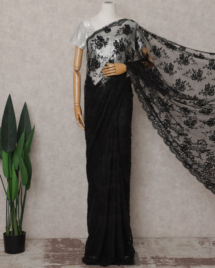 Charcoal Black French Chantilly Lace Saree