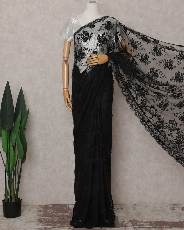 Charcoal Black French Chantilly Lace Saree