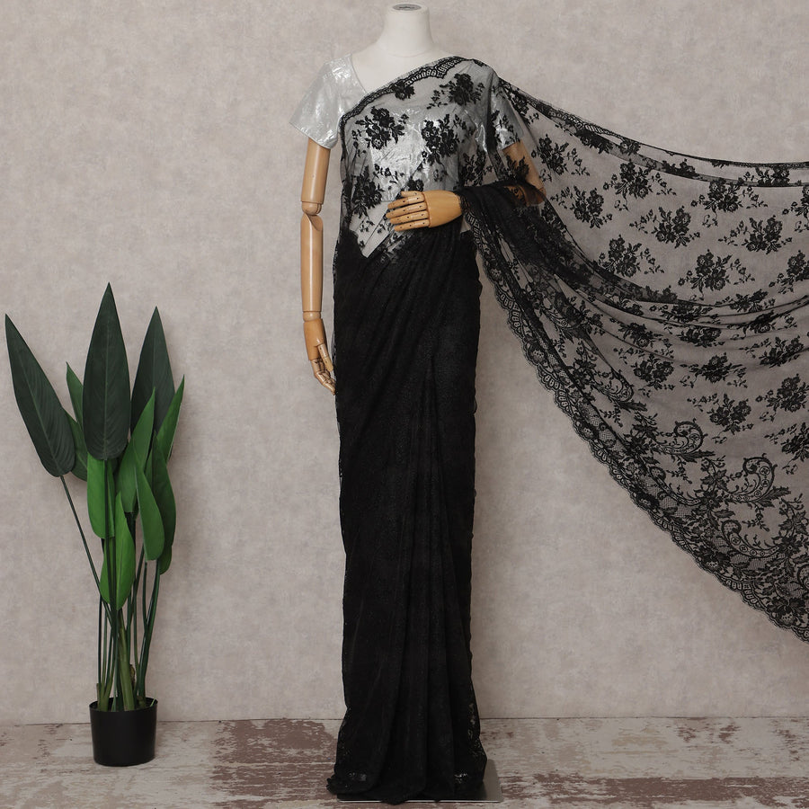 Charcoal Black French Chantilly Lace Saree