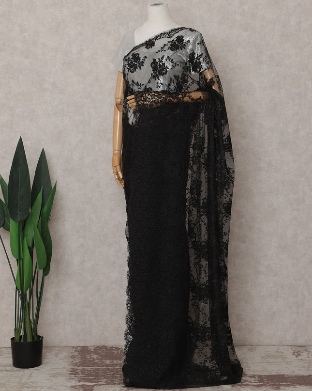 Charcoal Black French Chantilly Lace Saree