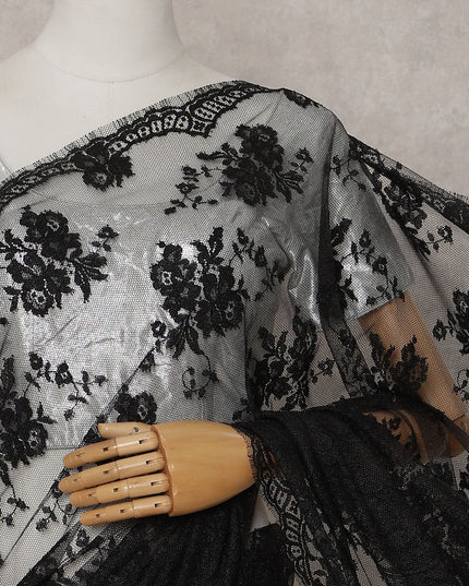 Charcoal Black French Chantilly Lace Saree