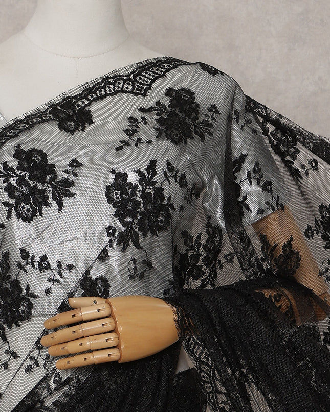 Charcoal Black French Chantilly Lace Saree