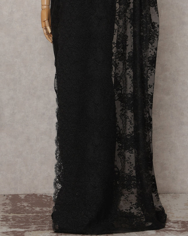 Charcoal Black French Chantilly Lace Saree