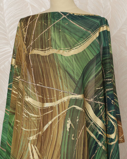 Traditional Somali Dirac Premium Italian Pure Cotton Voile Fabric with Gold Metallic Foil in Green and Brown, 3.25 Meters, 140 cm Width-D20616