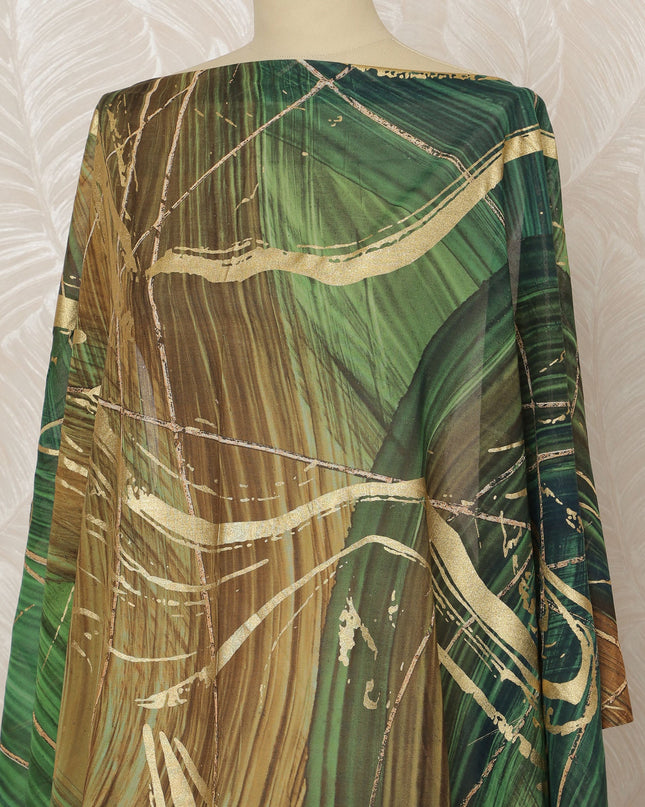 Traditional Somali Dirac Premium Italian Pure Cotton Voile Fabric with Gold Metallic Foil in Green and Brown, 3.25 Meters, 140 cm Width-D20616