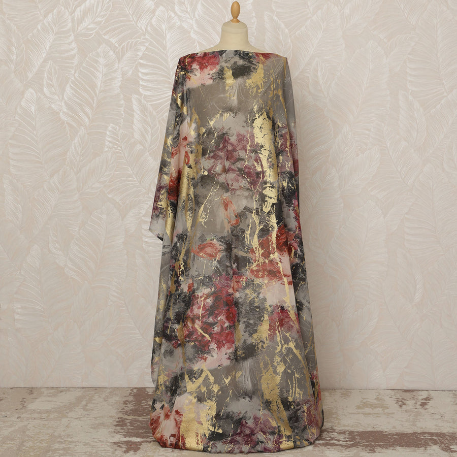 Traditional Somali Dirac Premium Italian Pure Cotton Voile Fabric with Metallic Gold Foil in Grey and Red Floral Design, 3.5 Meters, 140 cm Width-D20618