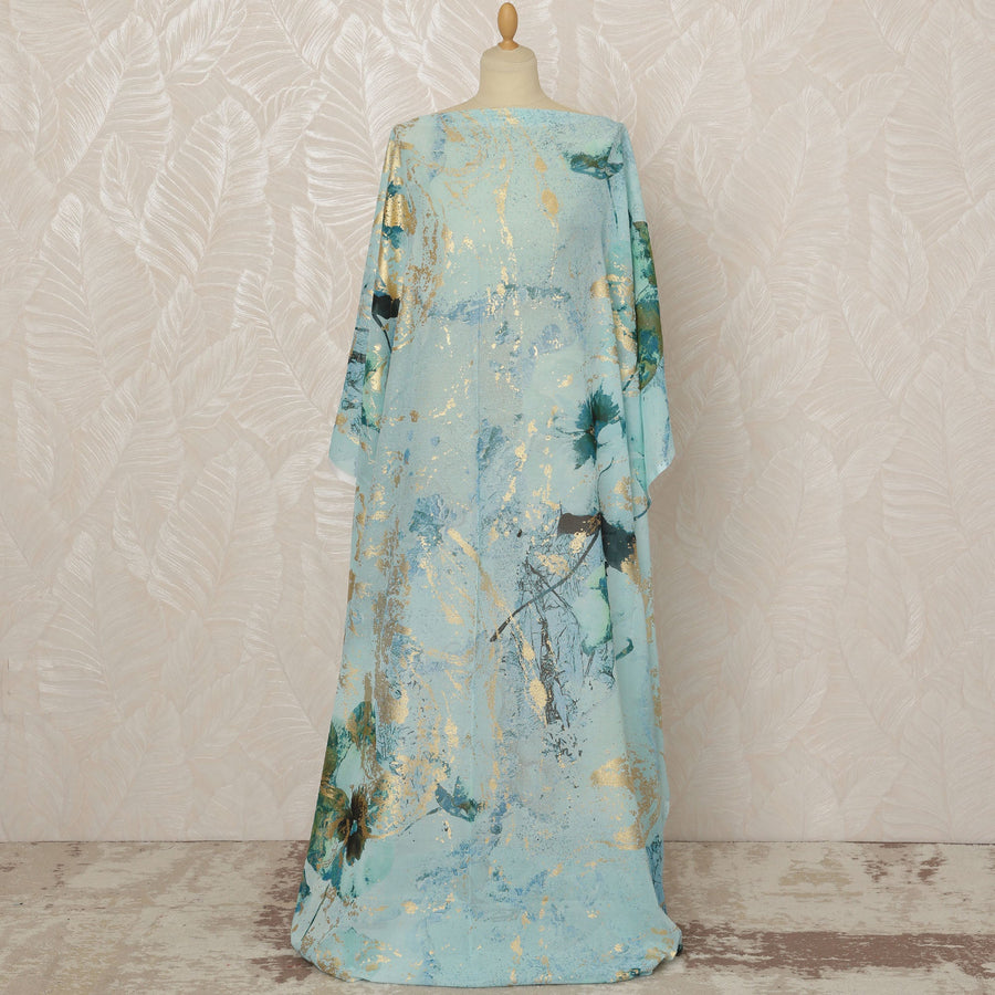 قماش ديراك تقليدي صومالي من القطن الخالص الإيطالي الفاخر مع رقائق ذهبية معدنية بتصميم زهور باللون الأزرق الفاتح والأخضر، 3.5 متر، عرض 140 سم - D20619