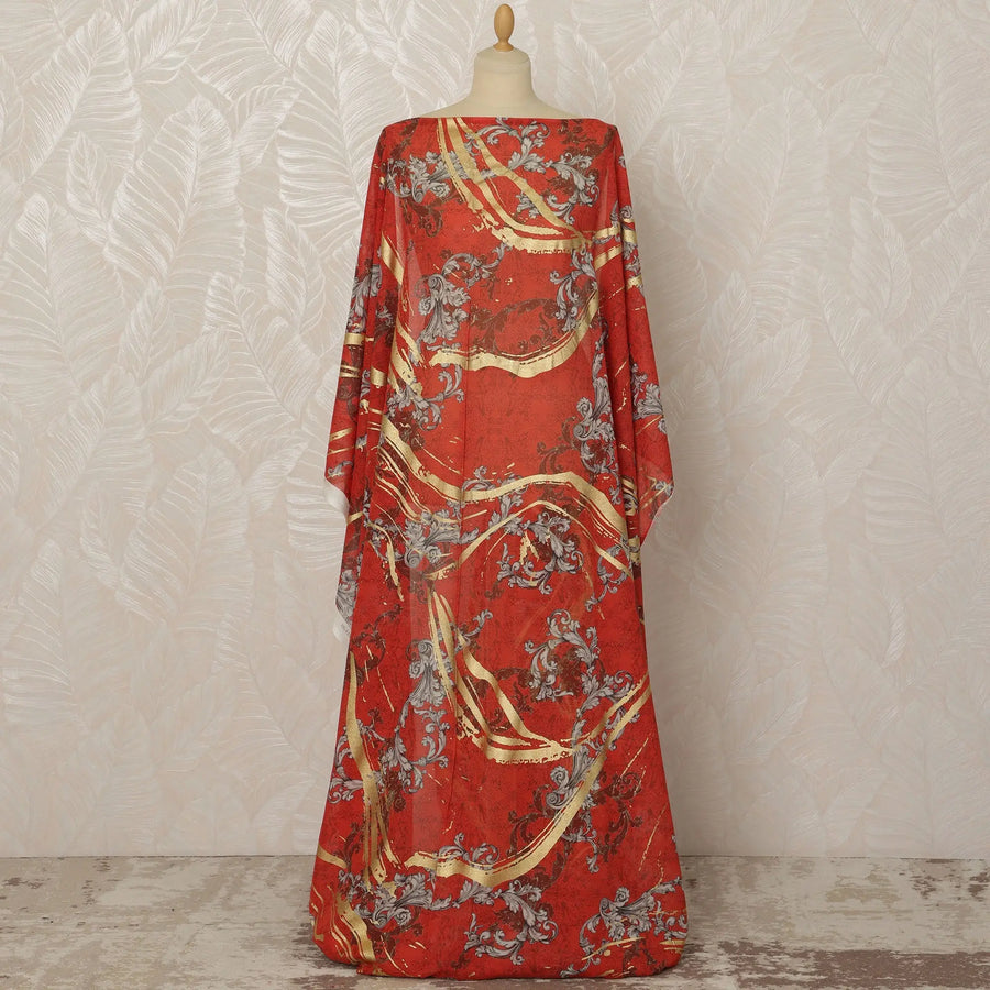 Red Somali Pure Italian Cotton Voile Dirac Fabric with golden metallic foil and Baroque Design, 3.5 Meters, 140 cm Width-D20701 Regal Fabrics