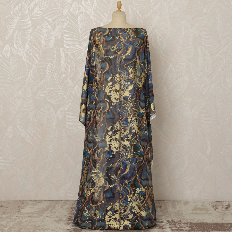 Blue and Brown Somali Pure Italian Cotton Voile Dirac Fabric with Golden Foil, 3.5 Meters, 140 cm Width-D20703