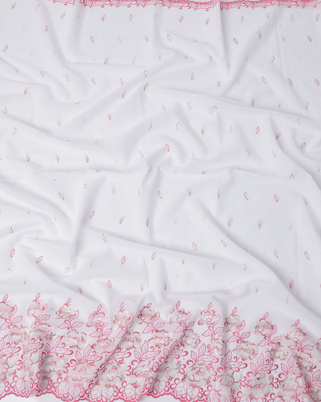 White Premium Swiss Cotton Voile Sudanese Thobe Fabric with Pink Embroidery and Stone Work, 4.5 Meters X 140 Cms-D21619