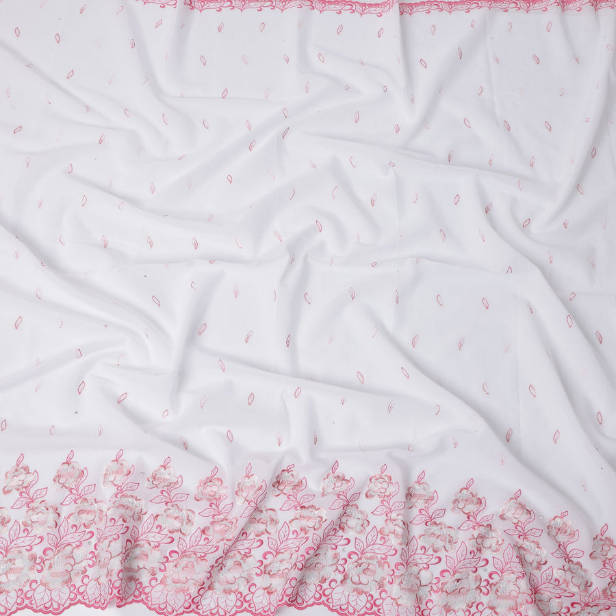 White Premium Swiss Cotton Voile Sudanese Thobe Fabric with Pink Embroidery and Stone Work, 4.5 Meters X 140 Cms-D21619