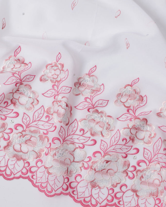 White Premium Swiss Cotton Voile Sudanese Thobe Fabric with Pink Embroidery and Stone Work, 4.5 Meters X 140 Cms-D21619