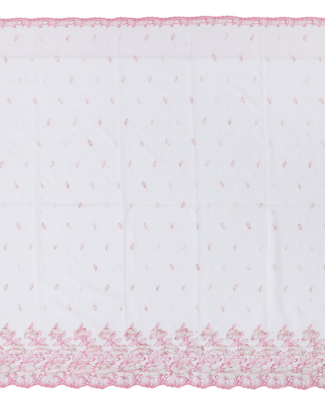 White Premium Swiss Cotton Voile Sudanese Thobe Fabric with Pink Embroidery and Stone Work, 4.5 Meters X 140 Cms-D21619