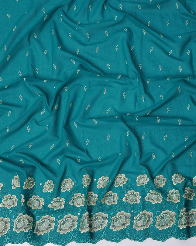 Teal Premium Swiss Cotton Voile Sudanese Thobe Fabric with Gold Embroidery and Stone Work, 4.5 Meter-D21620