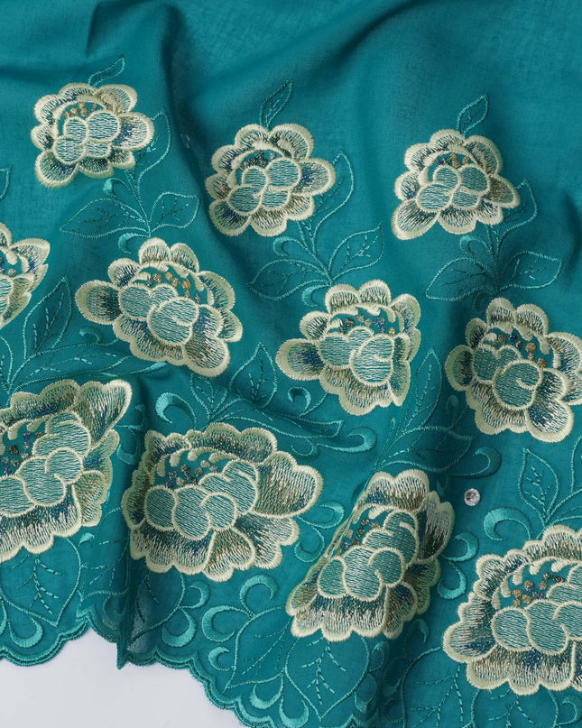 Teal Premium Swiss Cotton Voile Sudanese Thobe Fabric with Gold Embroidery and Stone Work, 4.5 Meter-D21620