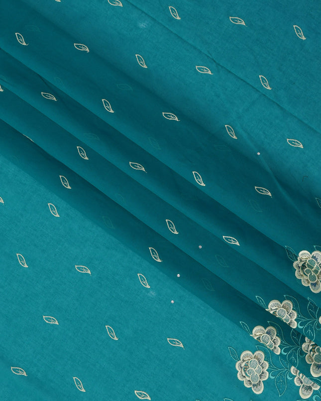 Teal Premium Swiss Cotton Voile Sudanese Thobe Fabric with Gold Embroidery and Stone Work, 4.5 Meter-D21620