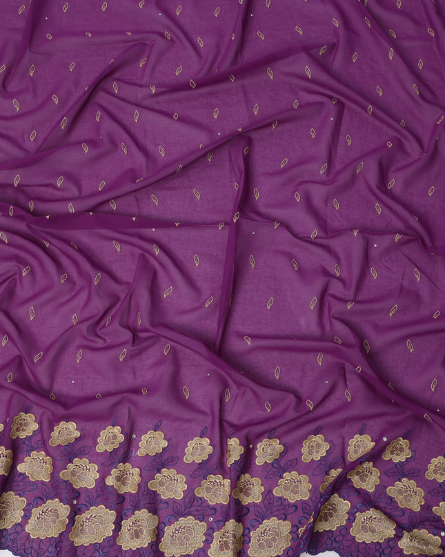 Purple Premium Swiss Cotton Voile Sudanese Thobe Fabric with Gold Embroidery and Stone Work, 4.5 Meters X 140 Cms-D21621