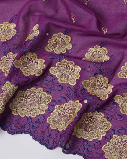 Purple Premium Swiss Cotton Voile Sudanese Thobe Fabric with Gold Embroidery and Stone Work, 4.5 Meters X 140 Cms-D21621